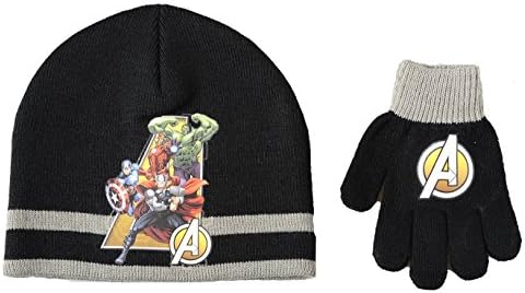 Boy's Marvel Assemble Avengers Superheroes Winter Hat &amp; Gloves Set (Captain America) Winter Hat &amp; Gloves Set New Kids 2 Piece Set (Black)