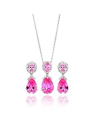 Nickel Free Sterling Silver Necklace & Earring Sets Pink Cubic Zirconia Stone Teardrop Set Pendant 10Mm X 25Mm Earring 9Mm X 24Mm Chain 16-18 Inches
