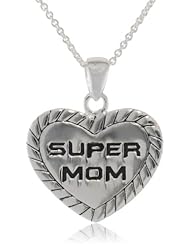 Sterling Silver "Super Mom" in Heart Pendant Necklace, 18"