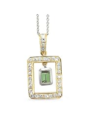 Twin Rectangular Shaped Diamond Pendant In 18K Yellow Gold With A 0.60 ct. Genuine Green Tourmaline Center Stone.