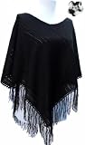 Handmade Lightweight Acrylic and Cotton Poncho - Pure Classic Elegance in Black with Crocheted Border and Fringes (Large/ Extra Large)