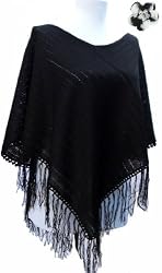 Handmade Lightweight Acrylic and Cotton Poncho - Pure Classic Elegance in Black with Crocheted Border and Fringes (Extra Large)