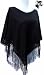 Handmade Lightweight Acrylic and Cotton Poncho - Pure Classic Elegance in Black with Crocheted Border and Fringes (Extra Large)