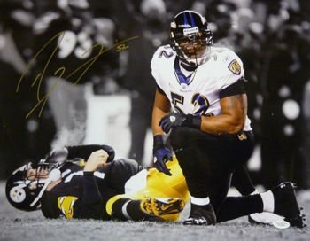 Ray Lewis Autographed/Hand Signed Baltimore Ravens 16x20 Photo over Roethlisberger