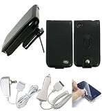 3n1 Combo Apple iPhone - Black Premium Leather Flip Case with Removable Video Stand Rotating Belt Clip - Bundled with Screen Protector, 12v Rapid Premium Car Charger and Home Travel Wall AC Adapter Charger (Not Compatible with 1st Generation iPhone)