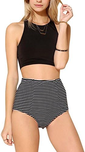 Olyeur KeerÂ® Womens High Waist 2 Piece Bikini Swimsuit Spa Swimsuit Black Stripe Small
