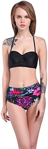 Polovi Women Bathing Suit Bandeau Bikini High Waist Floral Print Swimsuit Black, US8-10, Black