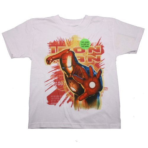  IRON MAN GLOW-IN-THE-DARK "HAND OUT" Licensed Marvel White Juvy Cotton Tee