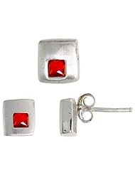 Sterling Silver Matte-finish Square-shaped Stud Earrings (6mm) & Pendant Slide (7mm tall) Set, w/ Princess Cut Ruby-colored CZ Stones