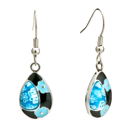 Silver Blue Flower Black Drop Millefiori Murano Glass Earrings
