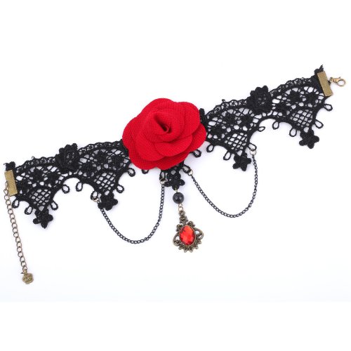 Yazilind Lace Gothic Lolita Sexy Rose Rhinestone Pendant Tassel Choker Necklace 11in