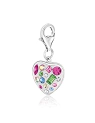 Sterling Silver Heart Style Charm with Multi Color and Multi Shape Crystals