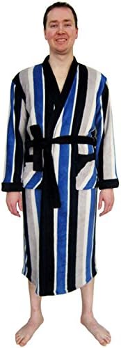Men's Kimono Collar Striped Coral Fleece Bathrobe Robe (L, NAVY STRIPED)