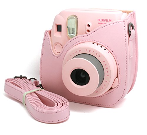 Woodmin Pink PU Leather fuji mini case bag for Fujifilm Instax Mini 8 case + Free Shoulder Strap