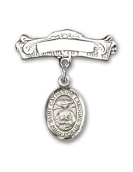 Sterling Silver Baby Badge with St. Catherine Laboure Charm and Arched Polished Badge Pin