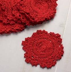 Package of 12 Crocheted Round Christmas Red Doilies - 100% Cotton - 4" Round Diam.