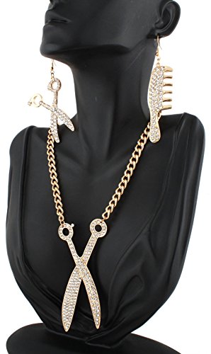 Goldtone Iced Out Barbershop Jewelry Set with 36 Inch Cuban Chain Scissors Pendant Necklace and Matching Drop Earrings
