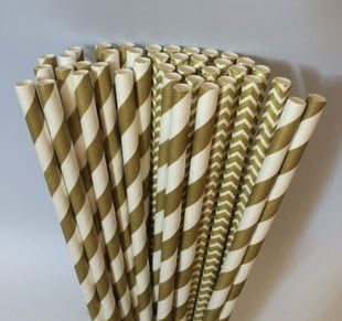 Romance Tales Gold Stripe and Chevron Paper Drinking Straws 50 Pack