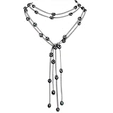 Gray Double Strand Floating Dyed Black 9-10mm Cultured Pearls Suede Lariat Necklace