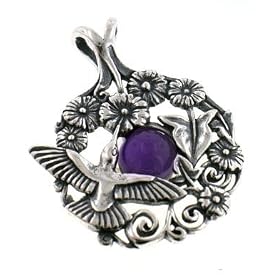 Sterling Silver Hummingbird Flowers on AMETHYST Pendant