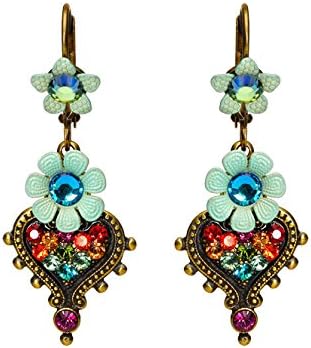Orly Zeelon Brass, Blue, Multicolor Crystals Heart Earrings with Flowers