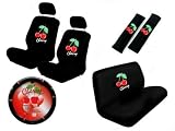 11 Piece Auto Interior Gift Set - Cherry - 2 Bottom Seat Covers, 2 Top Seat Covers, 2 Headrest Covers, 2 Seat Belt Shoulder Pads, 1 Steering Wheel Cover, 1 Bottom Bench Seat Cover, 1 Top Bench Seat Cover