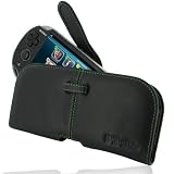 PDair Leather Case for Sony PS Vita - Horizontal Pouch Type (Black / Green Stitchings)
