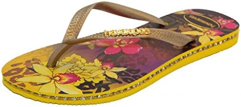Copacabana Fashion Women's Havaianas Flip Flops w/ Swarovski Crystals 35/36 Yellow w/ Flower Designs