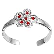Sterling Silver Fashion Toe Ring - Flower with Ruby CZ - 2mm Band Width