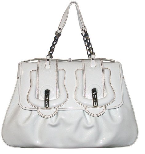 Fendi White Patent Leather Orange Stitching Large B. Bag 8BN166-UNU-F0PA5