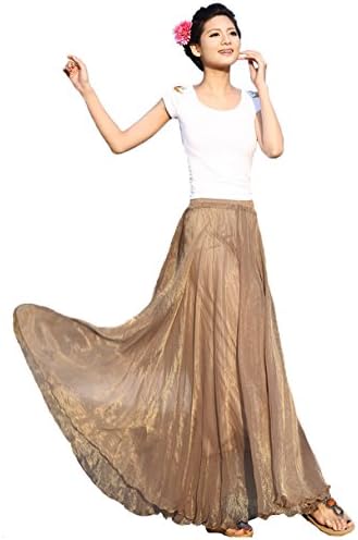 ZiangLuke®Chiffon Pleated Printed Midi Skirt Beach Long Skirts Maxi Skirt Cocktail Dresses (One Size , khaki)