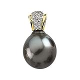 14K Yellow Gold Tahitian Cultured Near Round Dark Grey "A" Quality Pearl and Diamond Pendant