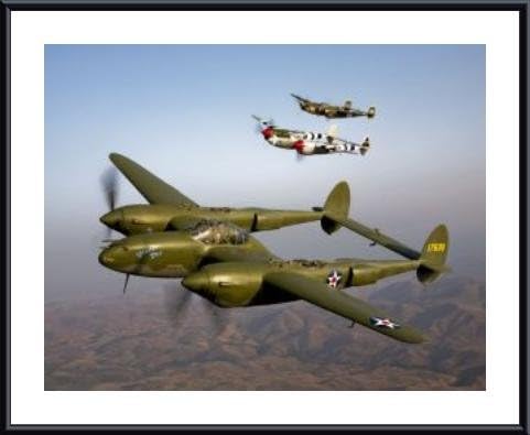 Three Lockheed P-38 Lightnings in flight., framed black metal, white matte 11 x 14 Inches.