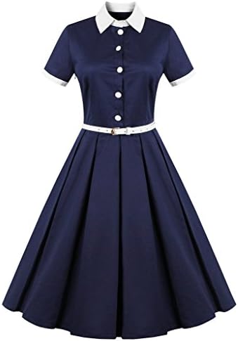 FavorGrace's Polo Neck Vintage Casual 1950's Retro Swing Dresses Navy S