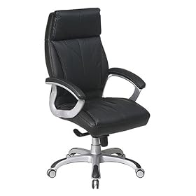 Office Star Quick Assembly High-Back Executive Leather Chair, Black and Silver