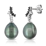 10k White Gold Black Tahitian Pearl with Diamond Accent Earrings (1/7 cttw, H-I Color, I2-I3 Clarity)