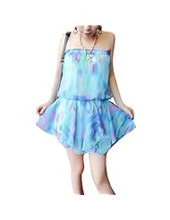 Sexy Strapless General Print Chiffon Elasticized   Waistline Colorblocking Summer Off the Shoulder  Dress