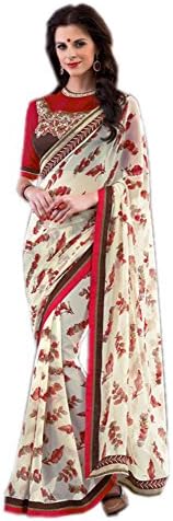 Rehsha Women Designer Bollywood Off White Digital Print Saree Indian Georgette Sari