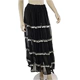 Belly Dancing Black Chiffon Silver Coin Skirt, 4 tiers of silver coins and beads, flowing 124" hem on this long bellydance skirt
