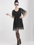 Black Silk Sequined V-neck Half Sleeves Womens Dress