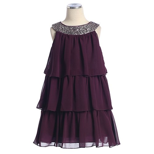 Girls Plum Tiered Sequined Holiday Pageant Flower Girl Dress 12