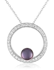 Sterling Silver 8.0-8.5mm Freshwater Cultured Pearl and Cubic Zirconia Pendant Necklace, 18"
