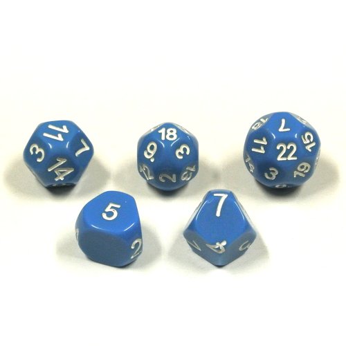 Set of Unusual Dice: d5, d7, d14, d18, and d22 in Blue