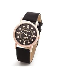 Cool Black Leather Band Ladies Wrist Watch w Dazzling Silver Round Face Analogue Quartz SW52-9522