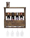 DAKODA LOVE - The Original Wine Rack, Rustic Handmade Reclaimed Wood, Wall Mounted, 4 Bottle 4 Long Stem Glass Holder & Shelf