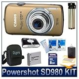 Canon Powershot SD980IS Gold 12MP Digital ELPH Camera with 5x Ultra Wide Angle Optical Image Stabilized Zoom and 3-inch LCD Bundle w/ 8GB SD Memory Card, Reader, Case, BP-6L Battery, Tripod, LCD Protector and Lens Cleaning Kit