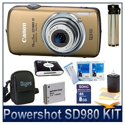 Canon Powershot SD980IS Gold 12MP Digital ELPH Camera with 5x Ultra Wide Angle Optical Image Stabilized Zoom and 3-inch LCD Bundle w/ 8GB SD Memory Card, Reader, Case, BP-6L Battery, Tripod, LCD Protector and Lens Cleaning Kit