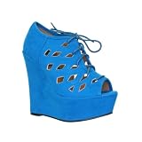 Womens Cut Out Lace Up Wedge Heel Peep Toe Shoes