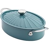 Rachael Ray Cucina Hard Porcelain Enamel Nonstick Covered Oval Sauteuse, 5-Quart, Agave Blue