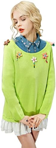 Elf Sack Womens' Spring Pullover Sweater 3D Flowers Floucing Hem X-Large Size Yellow